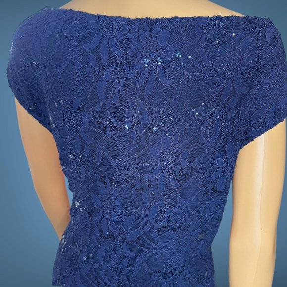 Ralph Lauren|Sheath Long Dress|Size 10|Navy Blue|Full Lace|Sequin|Lined|Stretch - Picture 7 of 16
